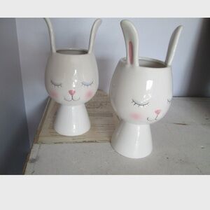 2 Vintage Regency Dolomite Blush Bunny Rabbit Ceramic Vases Easter‎ Planter